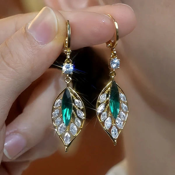 14-carat gold-plated zircon green leaf earrings
