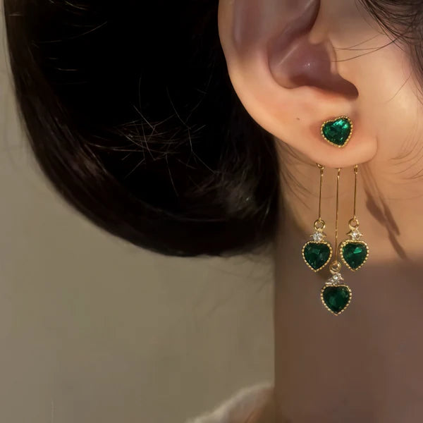 14K Gold-Pated Zircon Green Heart Tassel Earrings