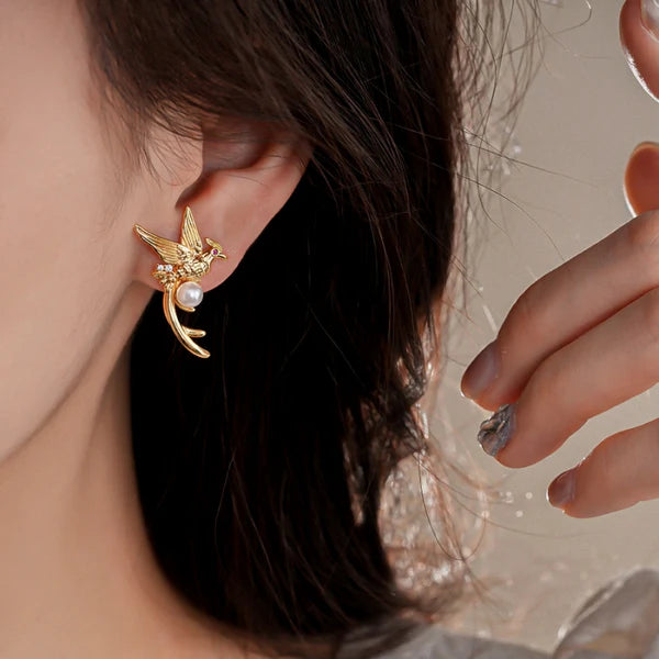 14K Gold-Plated Bird Pearl Stud Earrings
