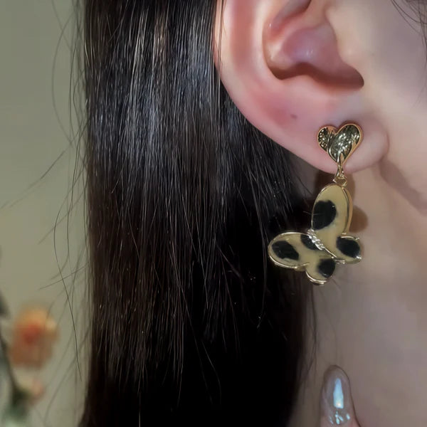 14K Gold-Pated Leopard Print Butterfly Heart Earrings