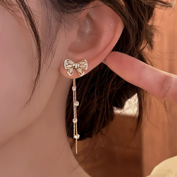 14K Gold-Pated Zircon Bow Tassel Earrings
