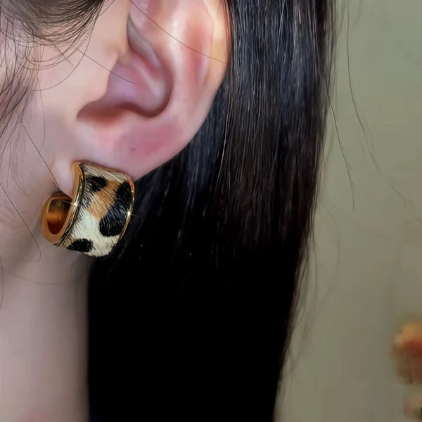 14K Gold-Pated Leopard Print C-Shaped Hoop Earrings
