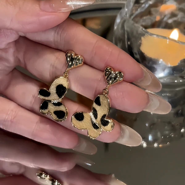 14K Gold-Pated Leopard Print Butterfly Heart Earrings