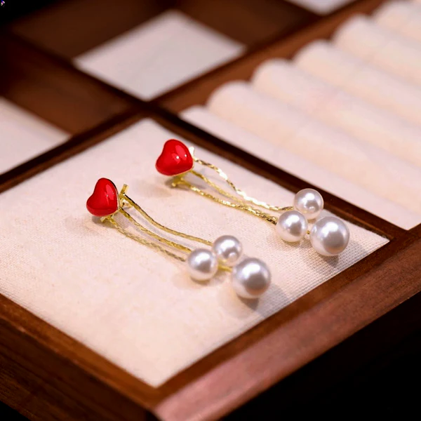 14K Gold-Pated Red Heart Bead Tassel Earrings