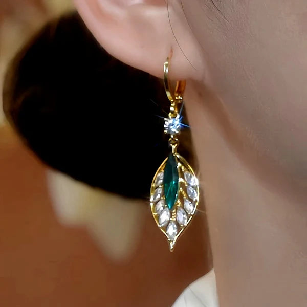 14-carat gold-plated zircon green leaf earrings