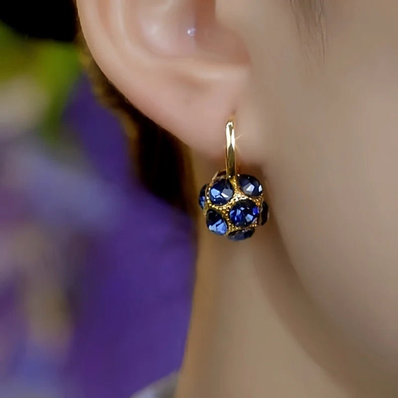 14-carat gold-plated elegant zircon deep blue ball earrings