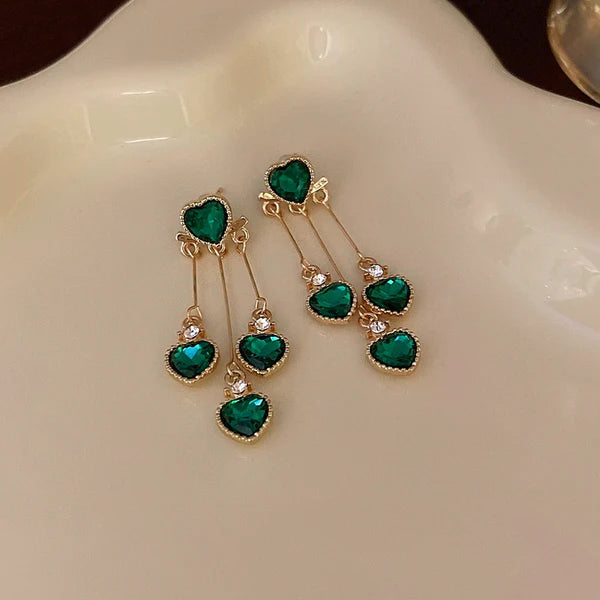14K Gold-Pated Zircon Green Heart Tassel Earrings