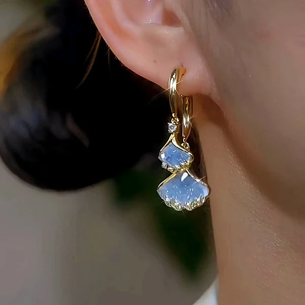 14K Gold-Plated Elegant Light Blue Crystal Leaf Earrings