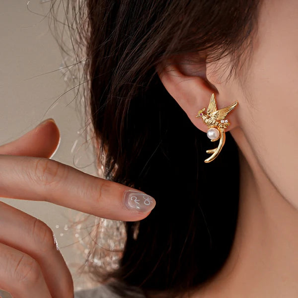 14K Gold-Plated Bird Pearl Stud Earrings