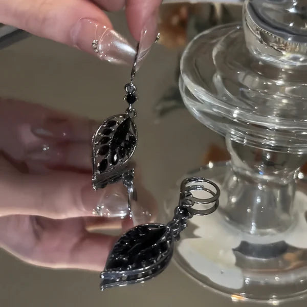 14K Gold-Pated Black Zircon Leaf Tassel Earrings