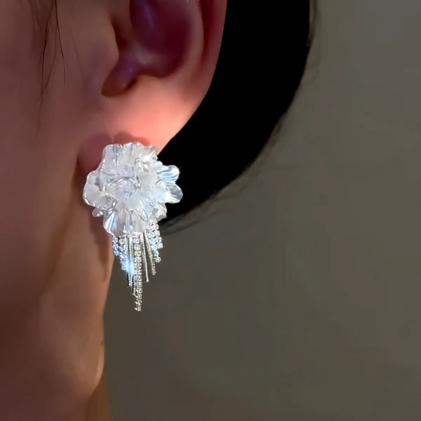 14K Gold-Plated Elegant Zircon Diamond White Camellia Earrings