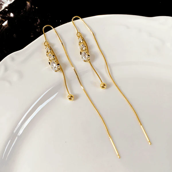 14K Gold-Pated Zircon Ball Threader Tassel Earrings