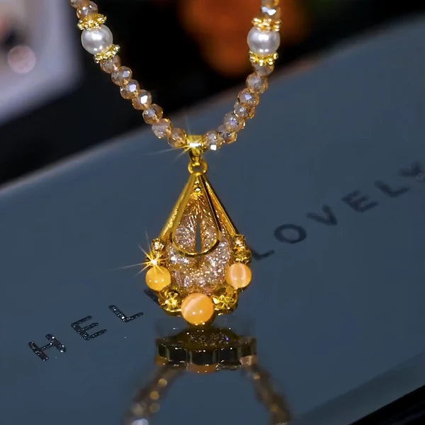14K Gold-Plated Champagne Crystal Mesh Water Drop Necklace