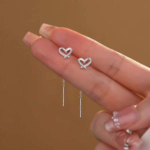 Sterling Silver Hollow Heart Threader Earrings
