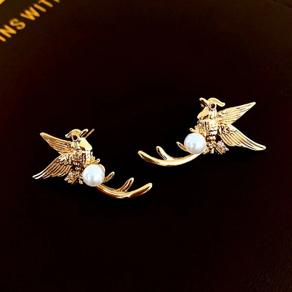 14K Gold-Plated Bird Pearl Stud Earrings