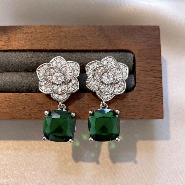 14K Gold-Plated Zircon Flower Green Diamond Earrings
