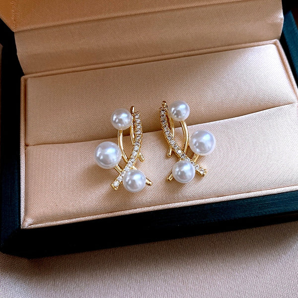 14K Gold-Plated Zircon Cross Pearl Earrings