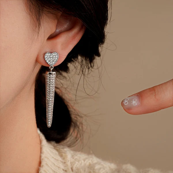 14K Gold-Plated Zircon Heart Tassel Earrings