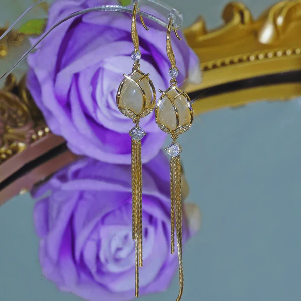 14K Gold-Plated Elegant Zircon Diamod Tulip Ear Hook Tassel Earrings