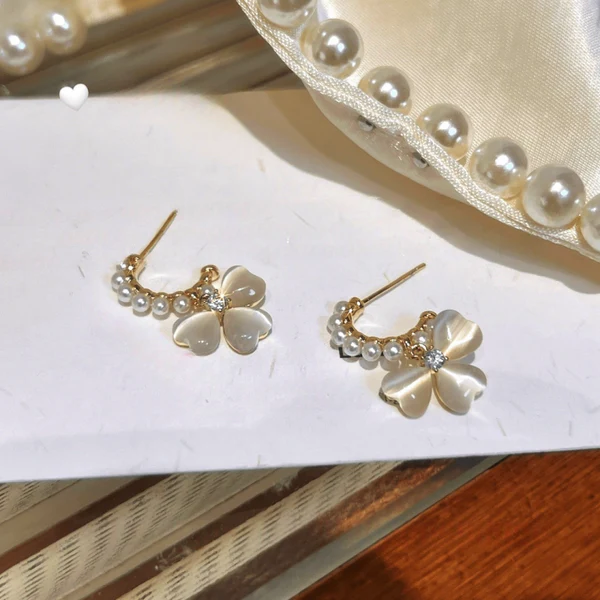 14K Gold-Plated Elegant Zircon Bead Cat's Eye Stone Flower Earrings
