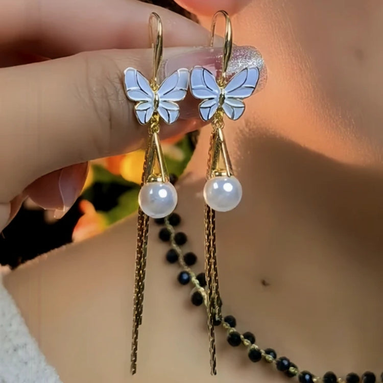 14K Gold-Pated Butterfly Pearl Ear Hooks