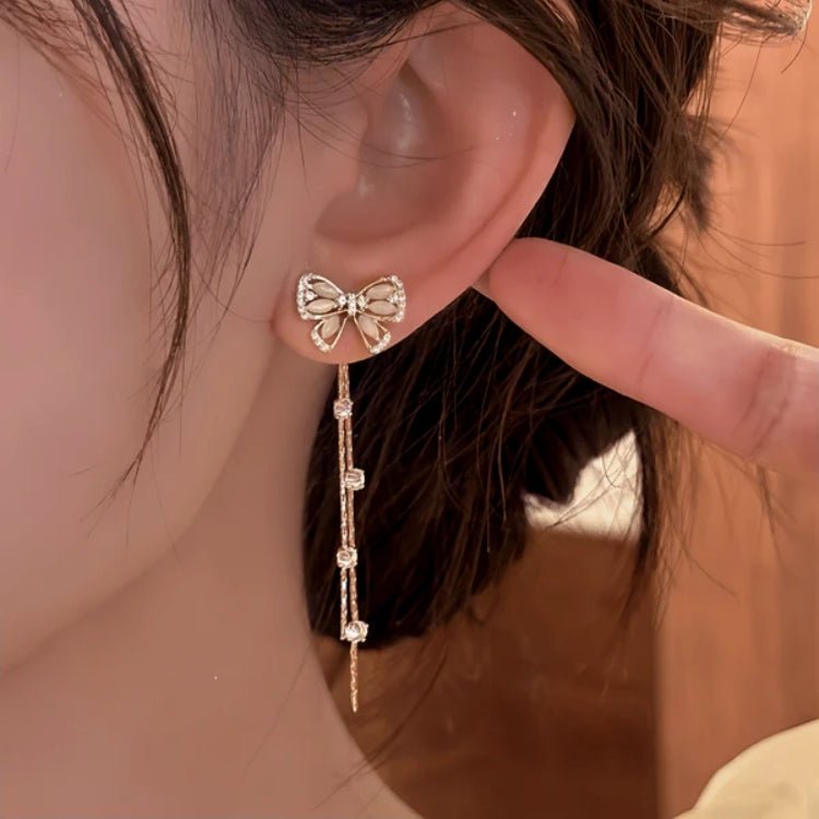 14K Gold-Pated Zircon Bow Tassel Earrings