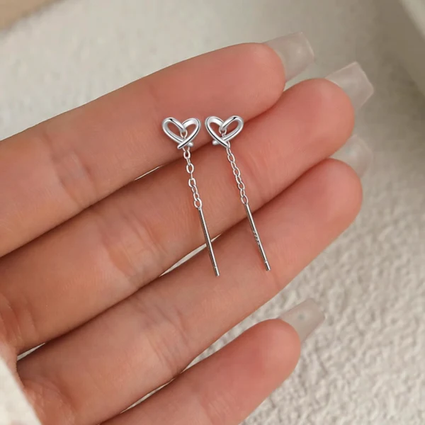 Sterling Silver Hollow Heart Threader Earrings