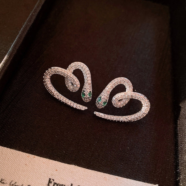 14K Gold-Plated Zircon Snake Heart Stud Earrings