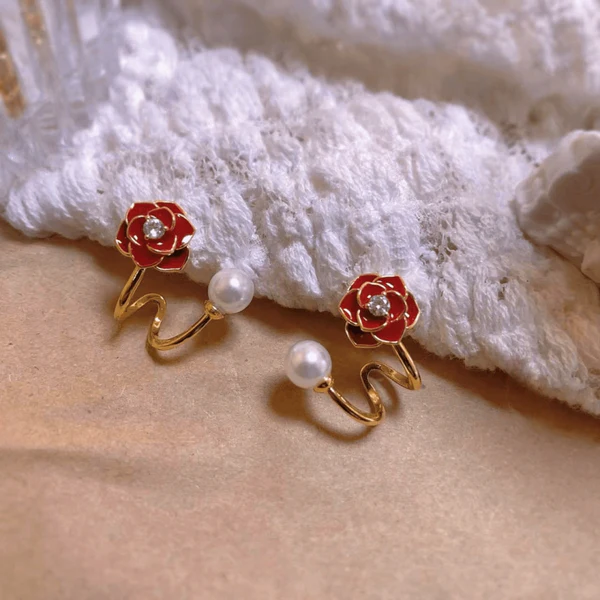 14K Gold-Plated Red Rose Pearl Stud Earrings