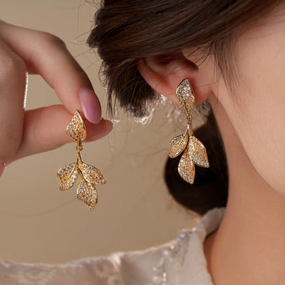 14K Gold-Plated Zircon Leaf Tassel Earrings