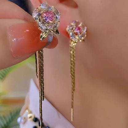 14K Gold-Plated Elegant Zircon Flower Tassel Earrings