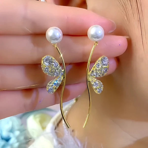 14K Gold-Plated Elegant Zircon Butterfly Wing Pearl Earrings