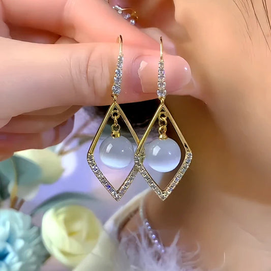 14K Gold-Plated Elegant Zircon Geometric Bead Ear Hook Earrings