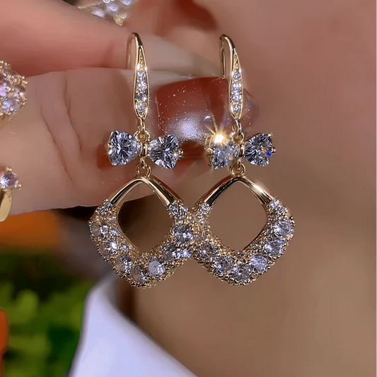 14K Gold-Plated Zircon Bow Water Drop Ear Hook Earrings