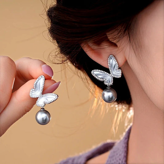 14K Gold-Plated Zircon Butterfly Gray Pearl Earrings