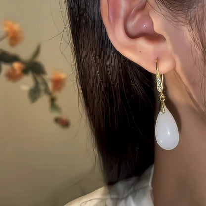 14K Gold-Pated Zircon White Jade Drop Earrings