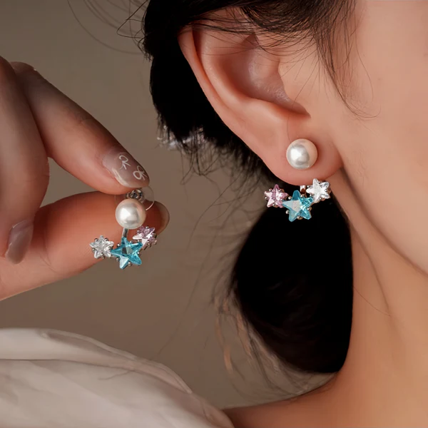 14K Gold-Plated Elegant Zircon Diamond Star Pearl Jacket Earrings And Ear Clips