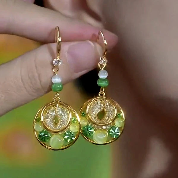 14K Gold-Plated Cat's Eye Stone Green Diamond Mesh Water Drop Ear Hook Earrings