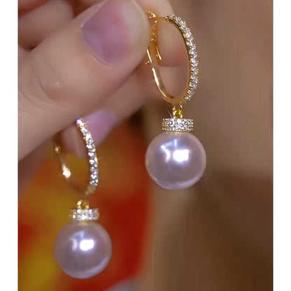 14K Gold-Plated Zircon Diamond Pearl Earrings