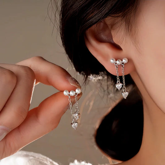 14K Gold-Plated Elegant Zircon Diamond Pearl Tassel Earrings