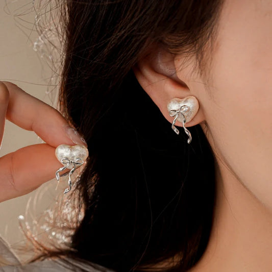 14K Gold-Plated Heart Bow Stud Earrings