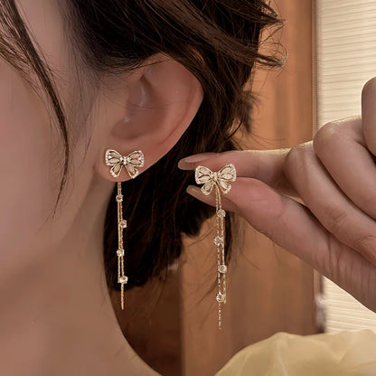 14K Gold-Pated Zircon Bow Tassel Earrings