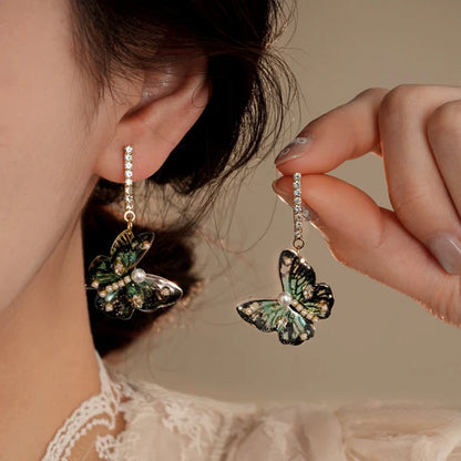 14K Gold-Plated Zircon Butterfly Tassel Earrings