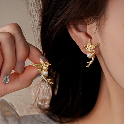 14K Gold-Plated Bird Pearl Stud Earrings