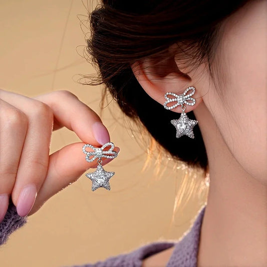 14K Gold-Plated Zircon Butterfly Bow Star Earrings