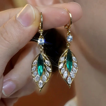 14-carat gold-plated zircon green leaf earrings
