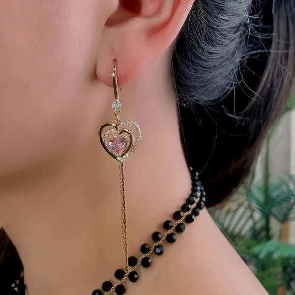 14K Gold-Plated Elegant Zircon Pink Diamond Heart Ear Hook Earrings