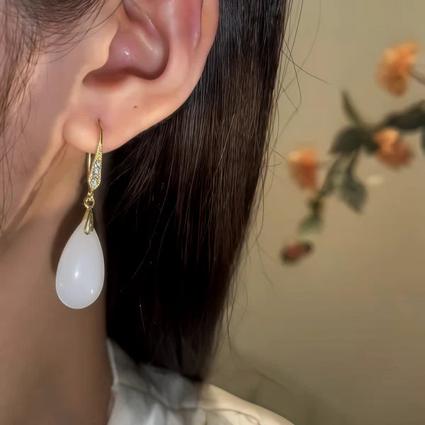 14K Gold-Pated Zircon White Jade Drop Earrings