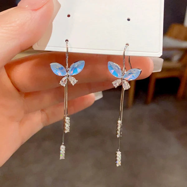 14K Gold-Plated Zircon Blue Butterfly Ear Hook Tassel Earrings