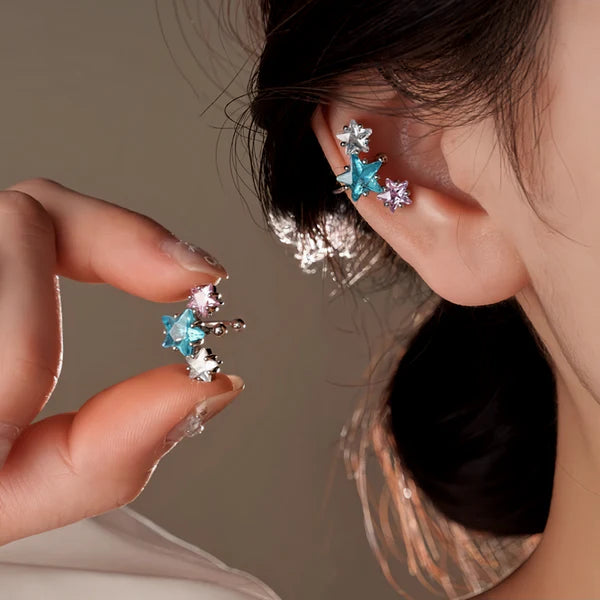 14K Gold-Plated Elegant Zircon Diamond Star Pearl Jacket Earrings And Ear Clips